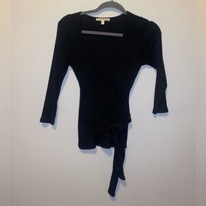 Express Womens Black Front Knot Faux Wrap Shirt Size S